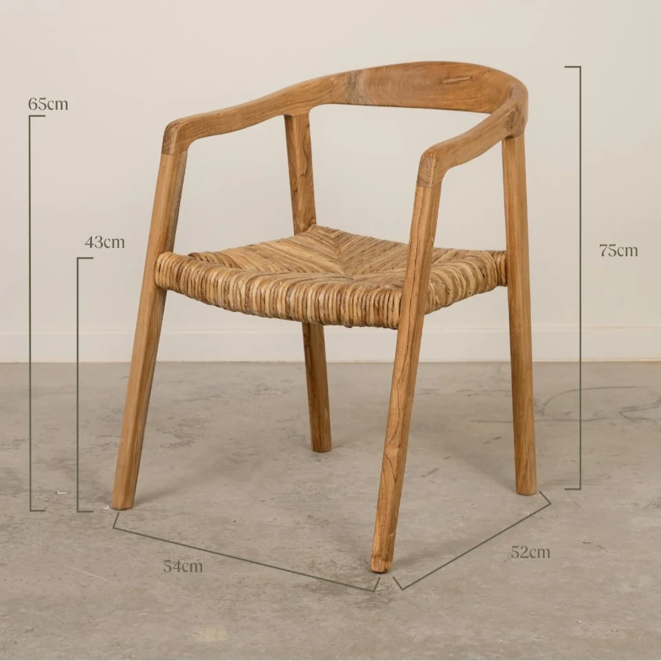 Plano técnico con medidas y dimensiones de la silla de madera de teca Flores para proyectos contract