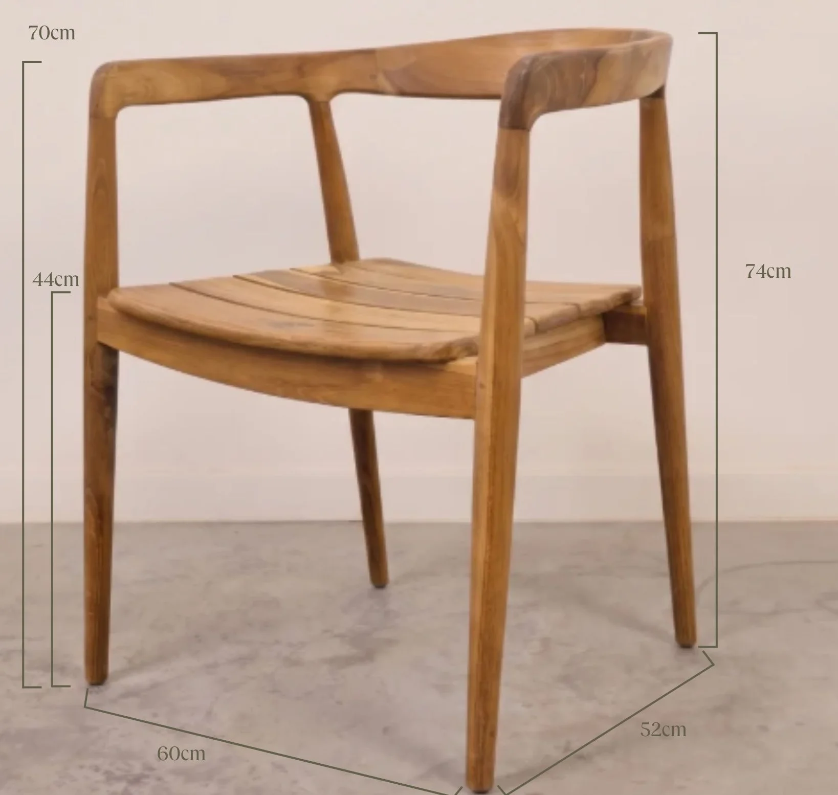 Plano técnico con cotas y medidas de la Silla Icaria de madera de teca