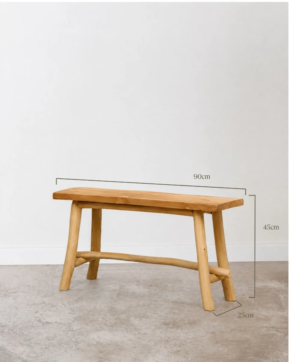 Plano comparativo con medidas de los bancos de teca de 50cm, 90cm y 120cm de largo