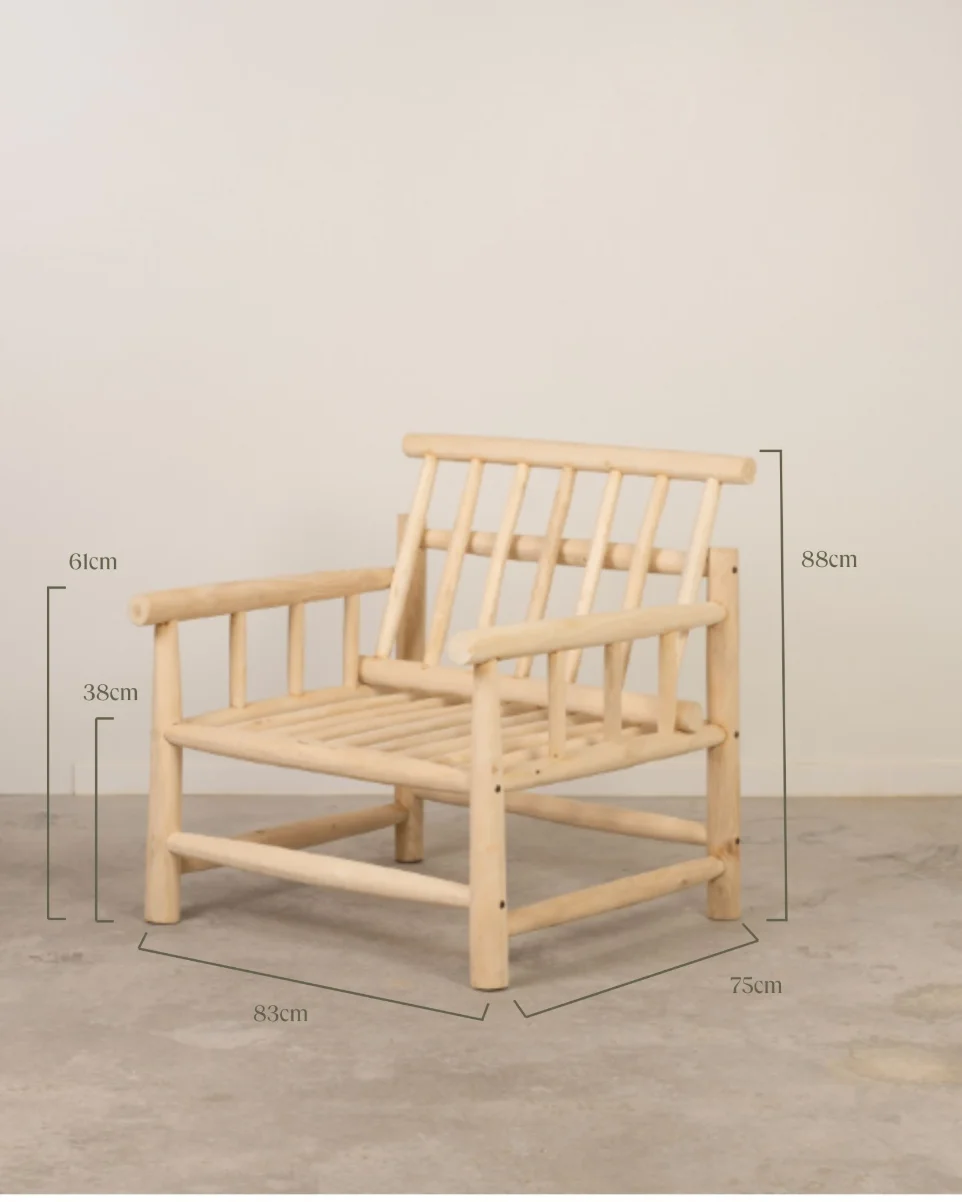 Plano técnico con líneas de cotas y medidas de altura y fondo del sillón de teca Unha
