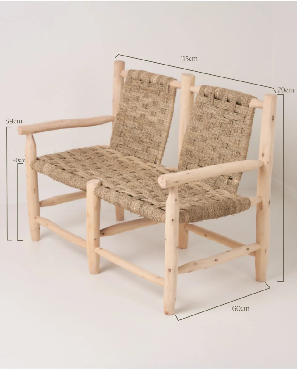 Plano técnico con cotas de ancho 115cm y altura del sillón de eucalipto Manacor