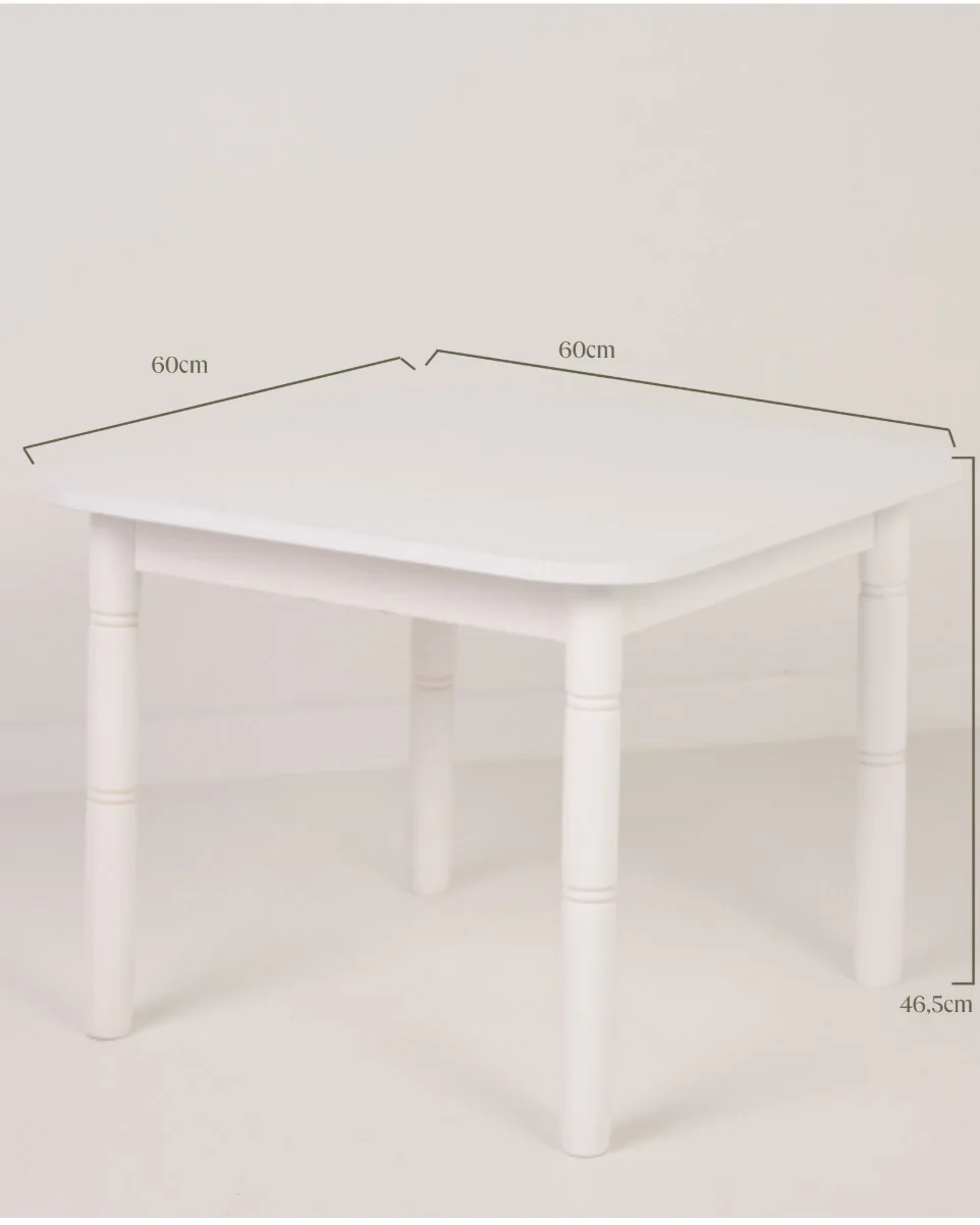 Plano técnico con cotas de 46,5cm de alto y 60x60cm de la mesa de madera infantil blanca
