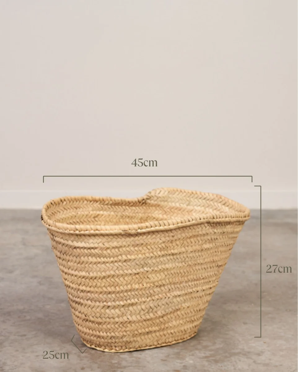Plano de medidas y variantes de tamaño del capazo de palma natural rectangular sin asas