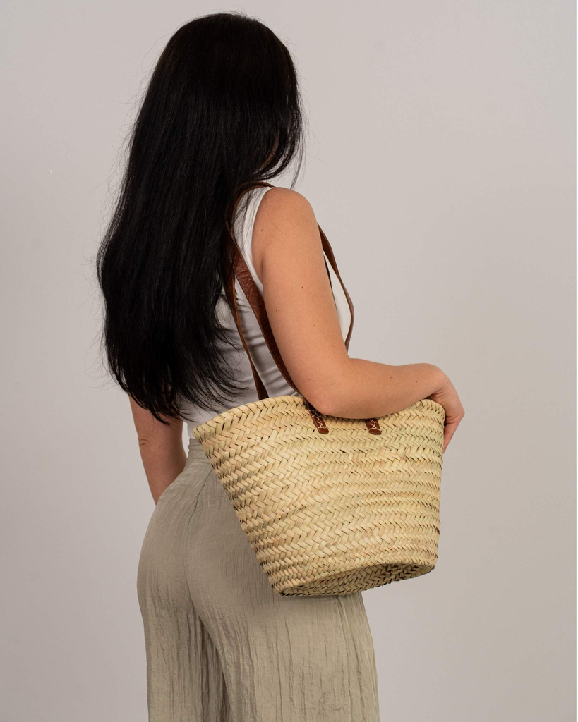 Capazo de palma Basic con asas de cuero largas