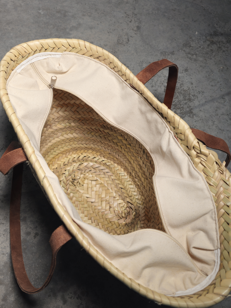Capazo de palma Basic con cierre y asas de cuero largas