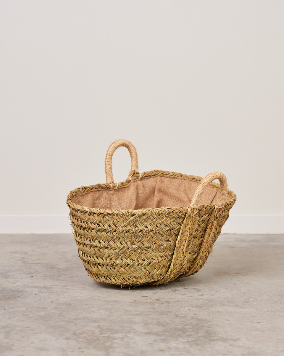 Leñero de esparto OVAL. con forro arpillera/yute