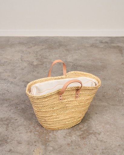 Capazo de palma con asas de cuero beige y cierre de tela en colores surtidos