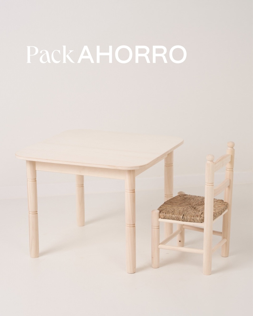 Pack ahorro de mesa y sillas de madera infantil color natural.