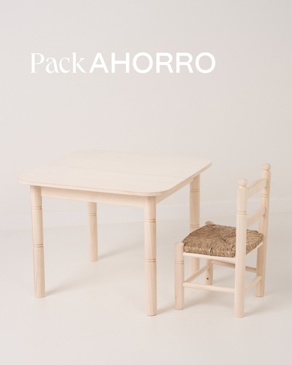 [1489] Pack ahorro: Mesa + sillas (1, 2, 3 o 4) de madera infantil. Color madera natural